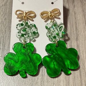 Green Shamrock Earrings with Gold Bow